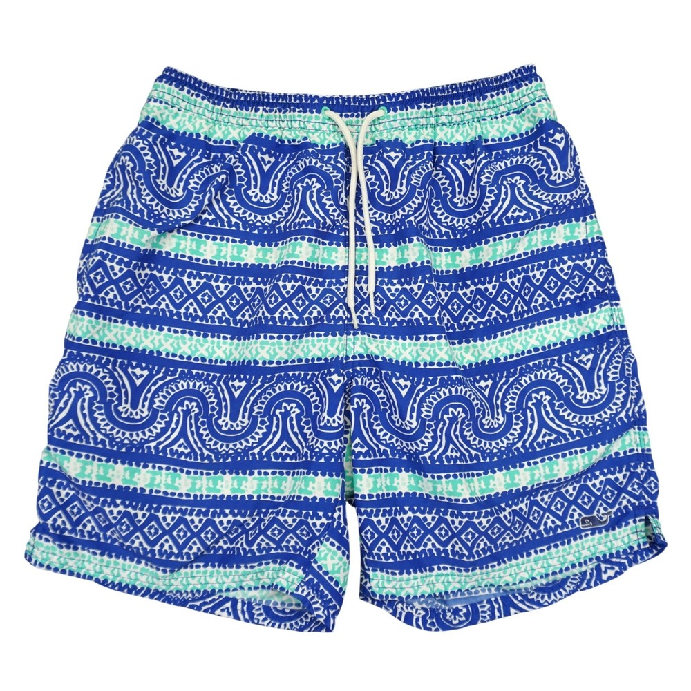 Vineyard Vines Swim Trunks Mens Small Blue Green Geometric Paisley Drawstring